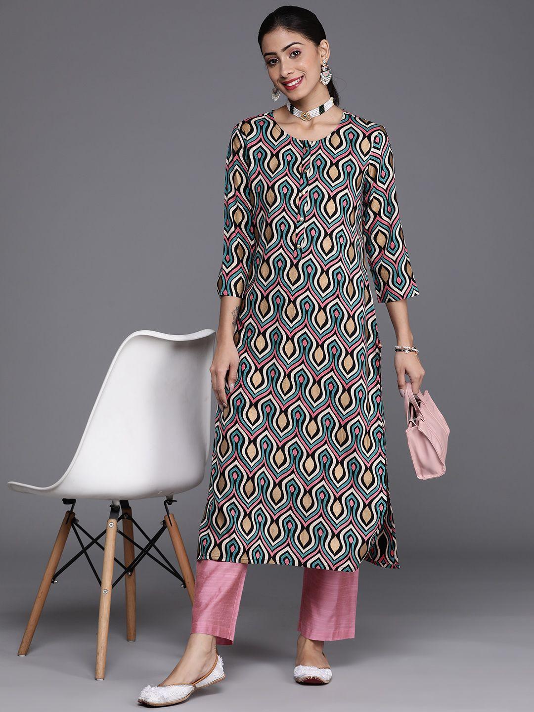 ksut women black & cream-coloured printed kurta