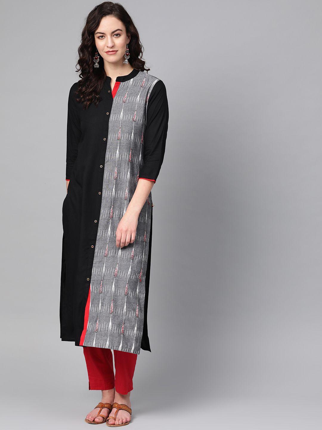 ksut women black & grey colourblocked ikat straight kurta