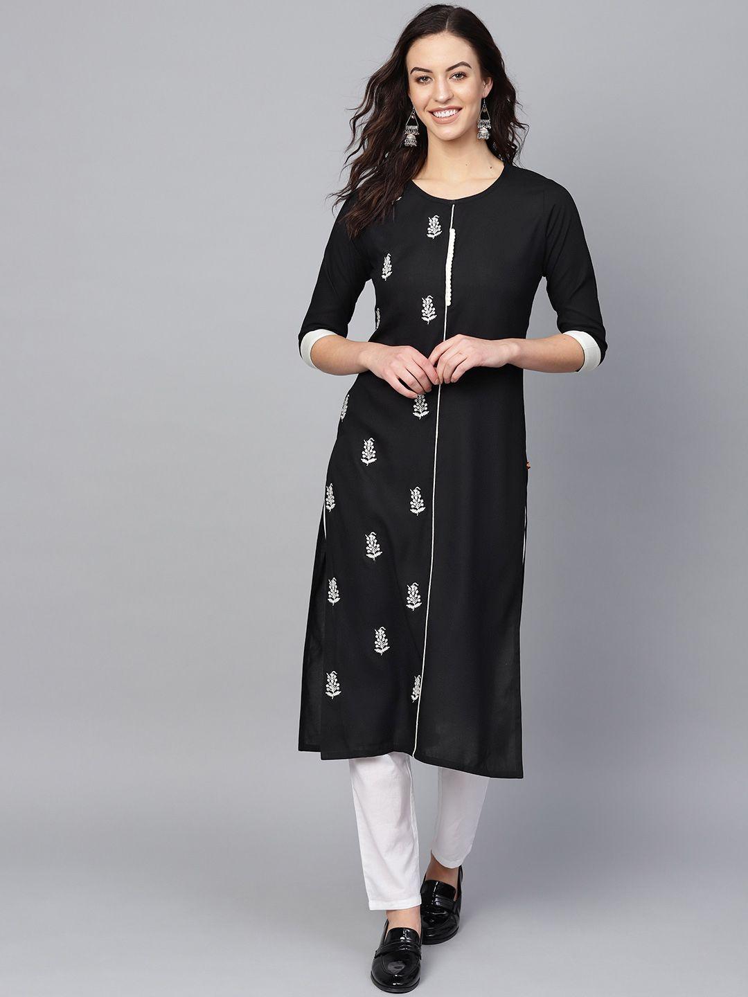 ksut women black & off-white embroiderd straight kurta