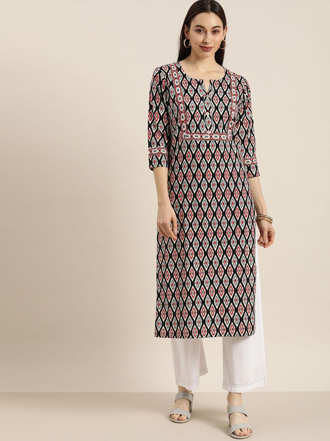 ksut women black & red ikat printed kurta with palazzos