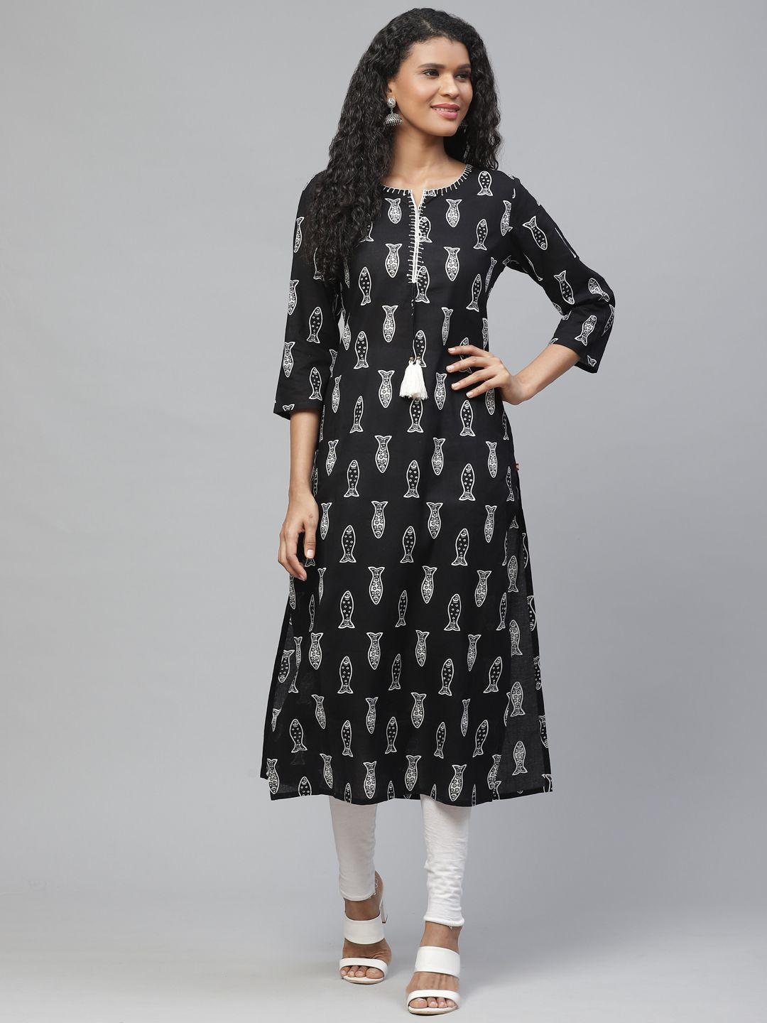 ksut women black & white fish printed a-line kurta