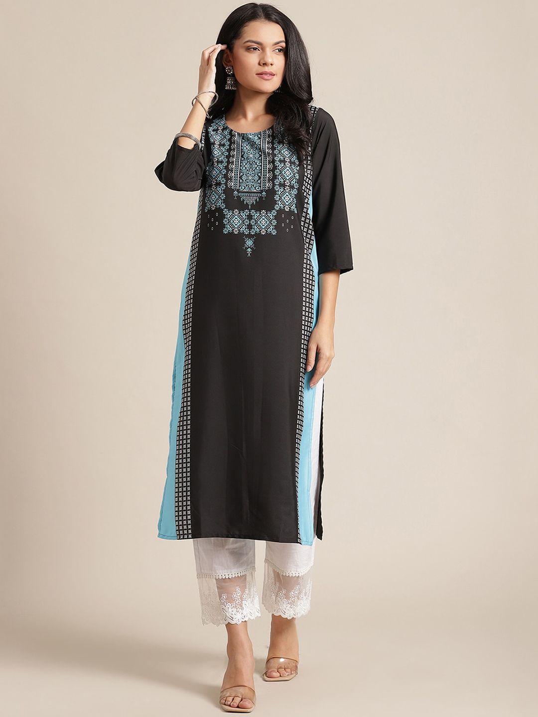 ksut women black and blue yoke design ethnic motifs printed straight kurta