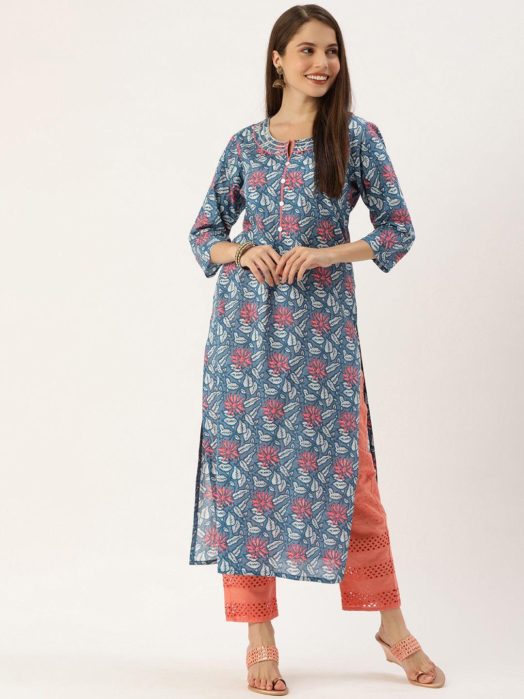 ksut women blue & off white floral printed kurta