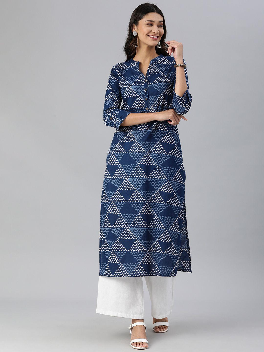 ksut women blue & off-white geometric screen print mandarin collar pure cotton kurta