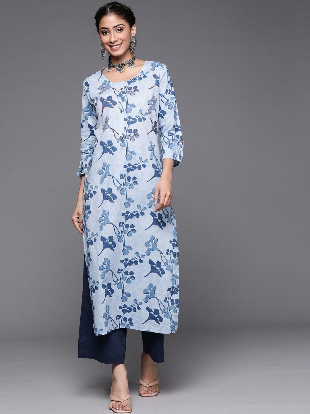 ksut women blue floral printed cotton kurta
