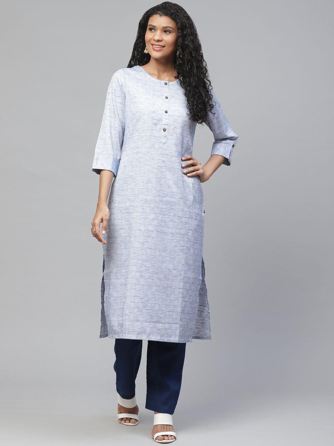 ksut women blue handloom checked straight kurta