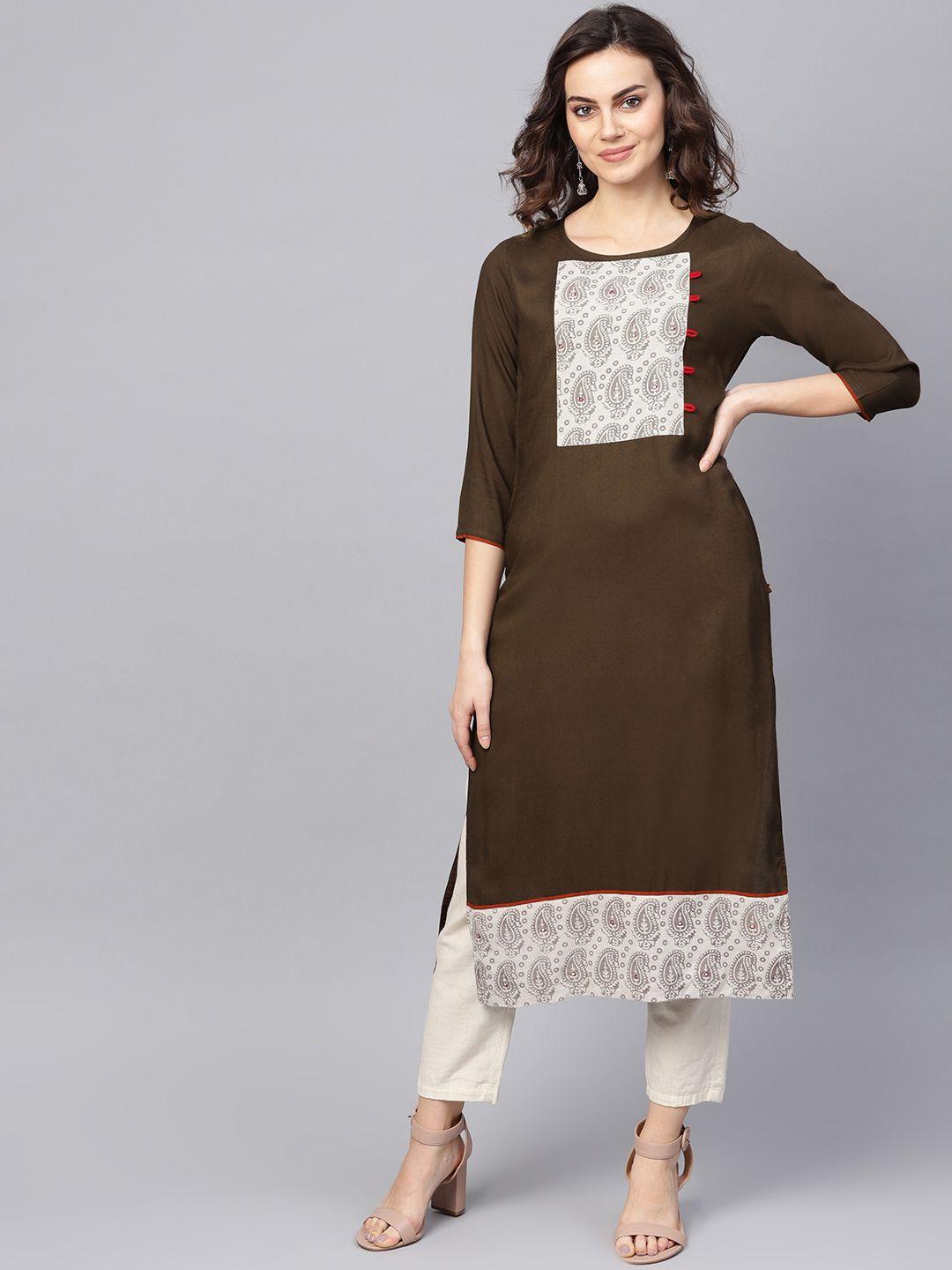 ksut women brown & grey printed straight kurta