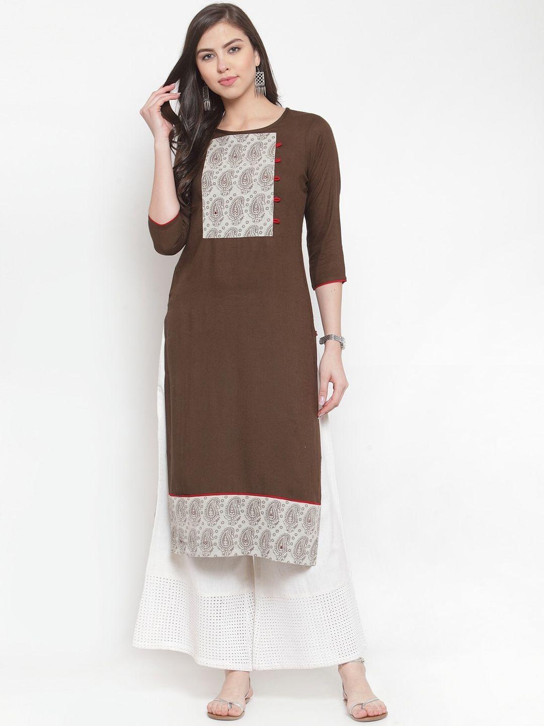 ksut women brown & off-white ethnic paisley motifs printed straight kurta