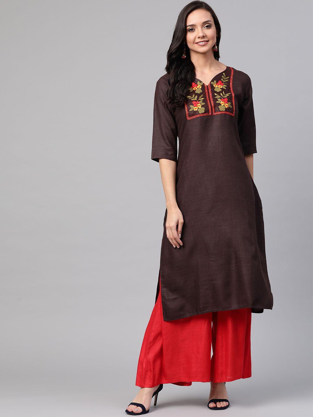 ksut women brown yoke design straight kurta