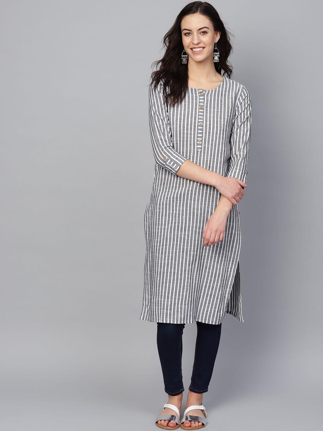 ksut women charcoal grey & white striped handloom straight kurta