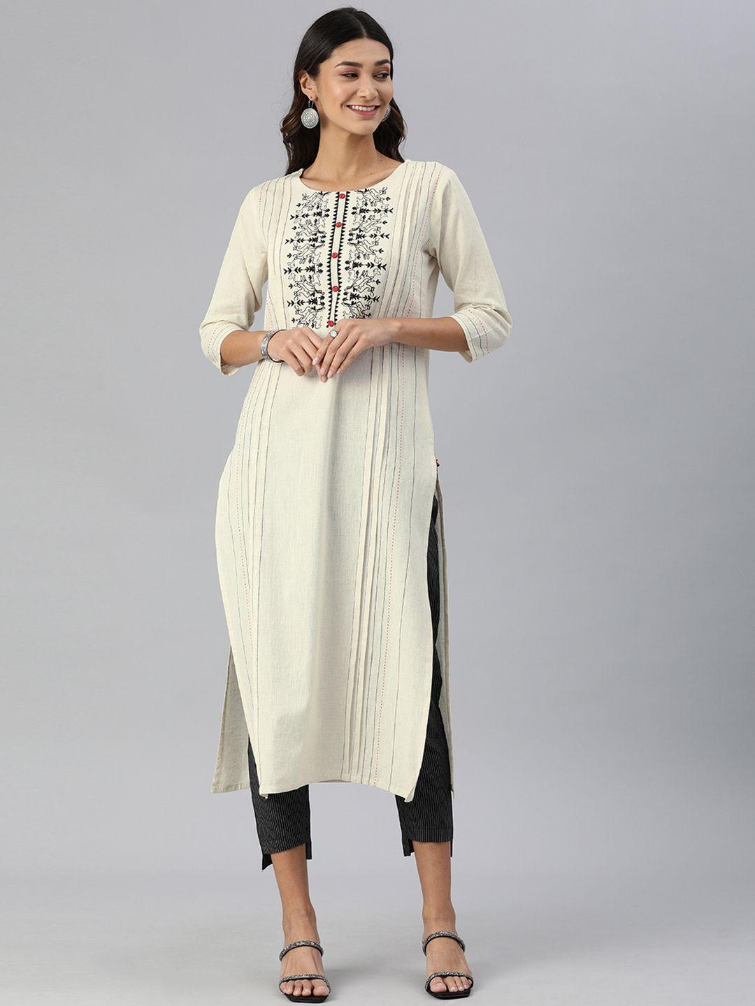 ksut women cream-coloured & black embroidered kurta with trousers