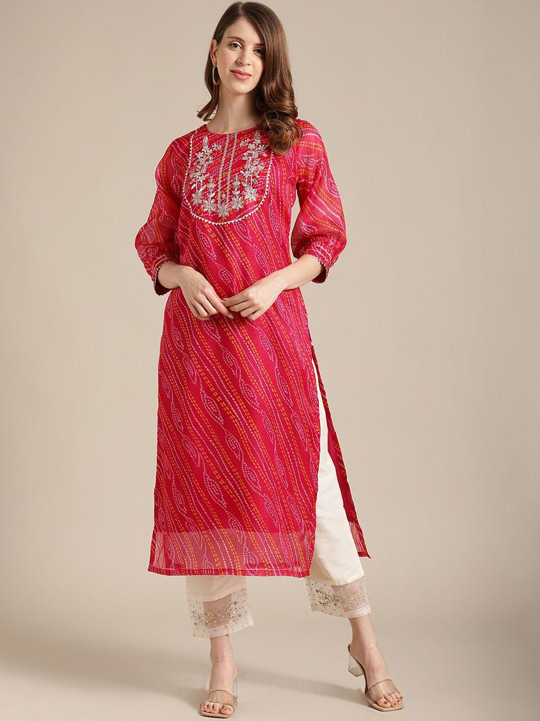 ksut women fuchsia & gold-toned bandhani embroidered gotta patti kurta