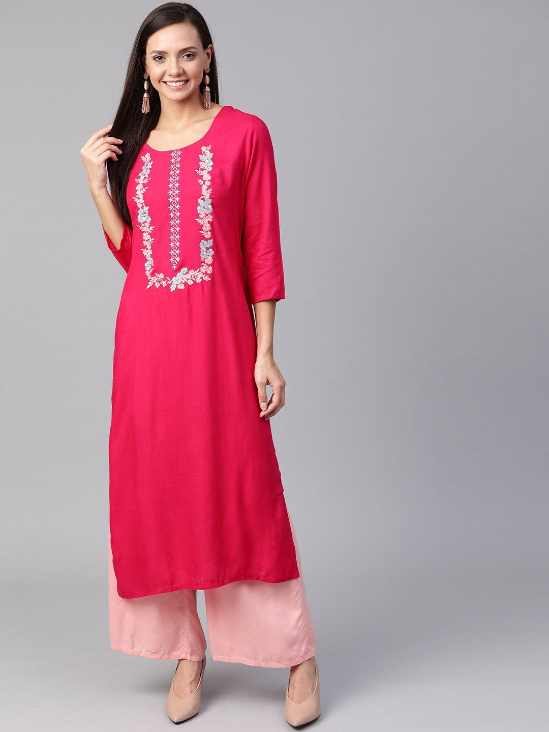 ksut women fuchsia pink yoke design straight kurta