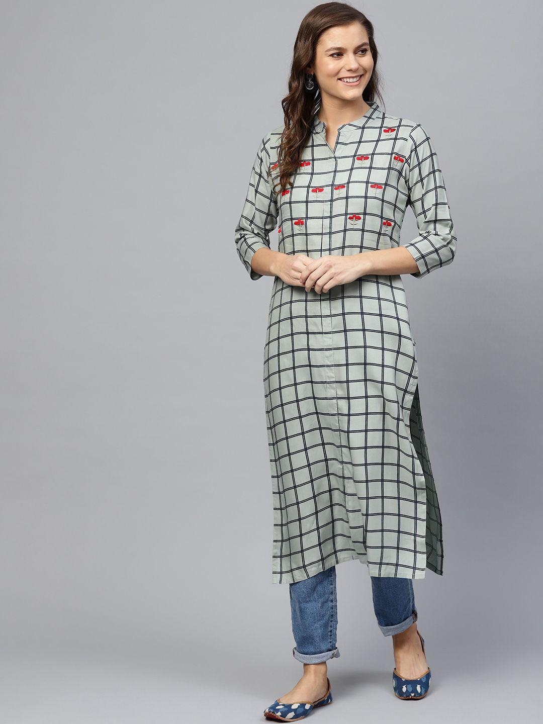 ksut women green checked straight kurta