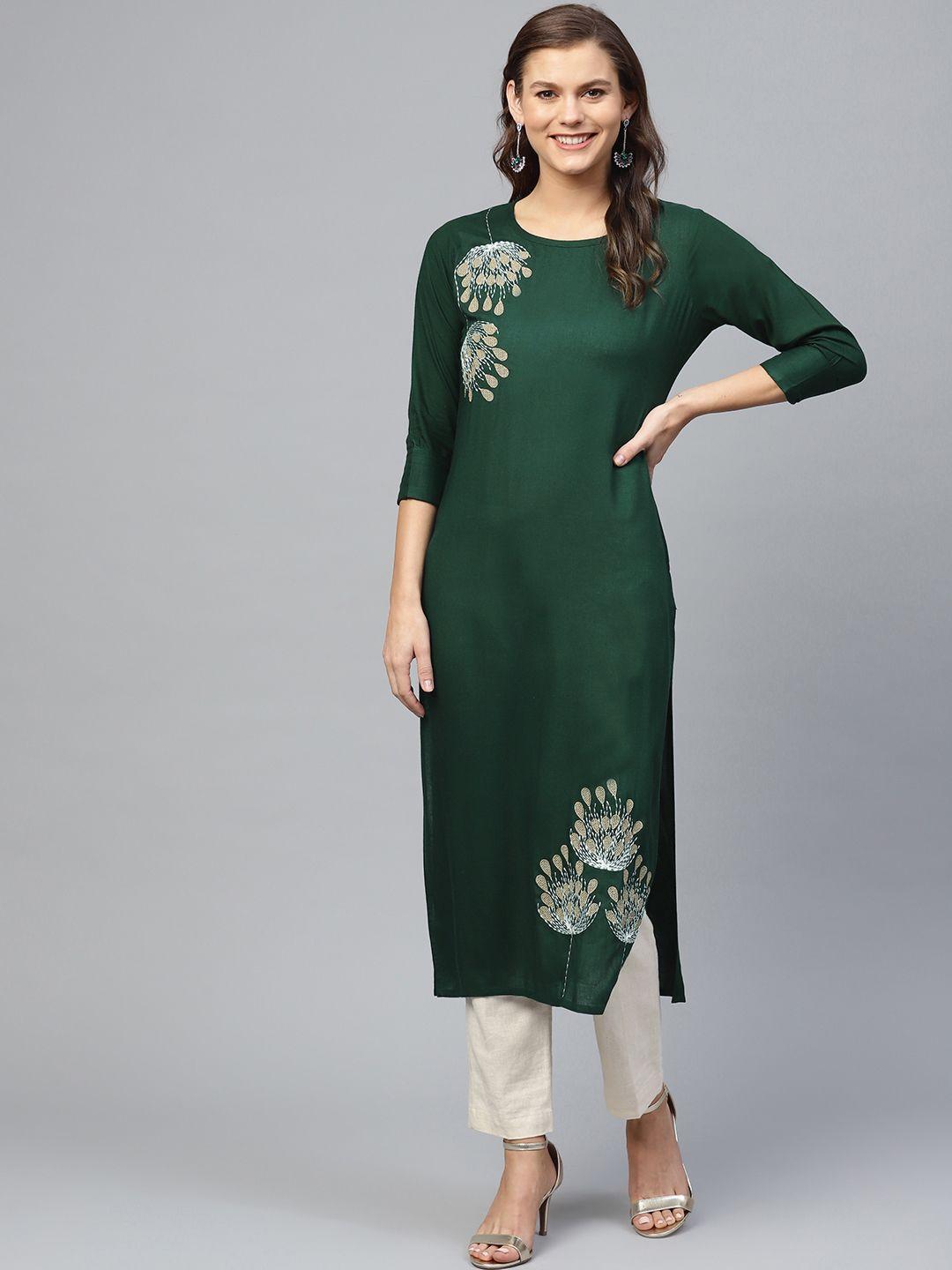 ksut women green yoke design straight kurta