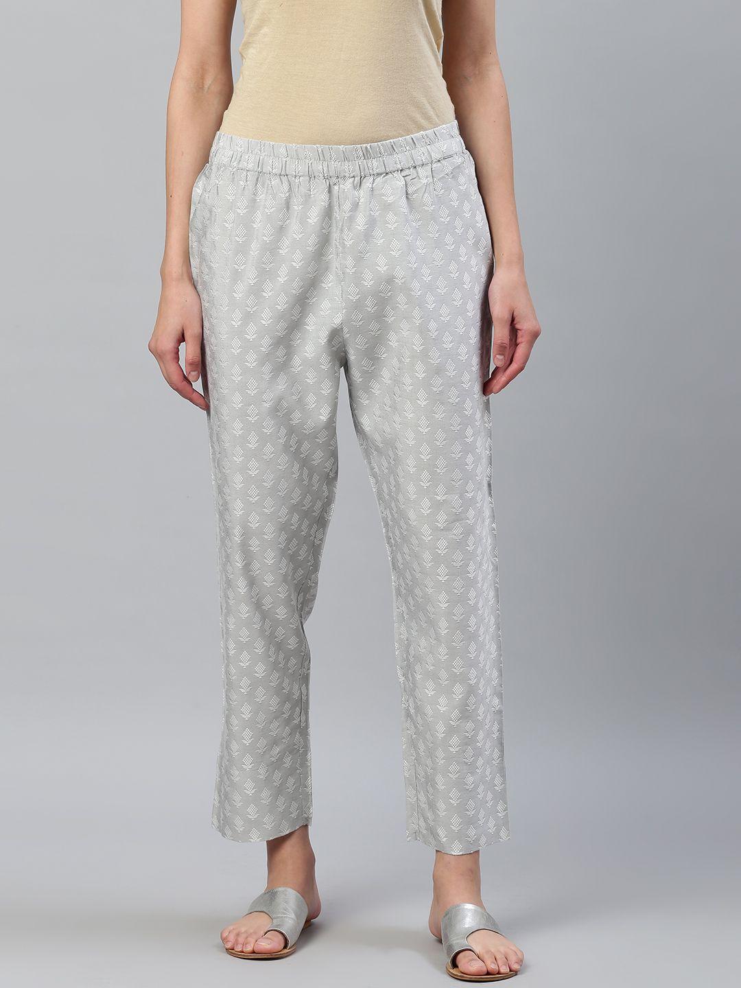 ksut women grey & white silk regular fit self design trousers