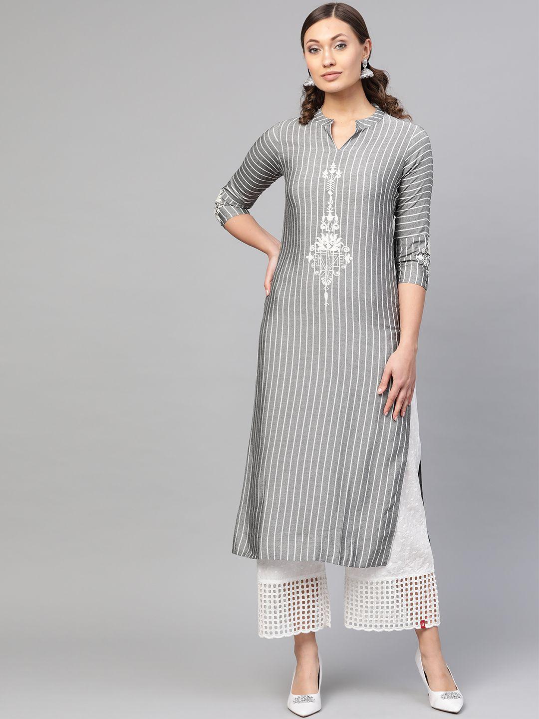 ksut women grey & white striped straight kurta