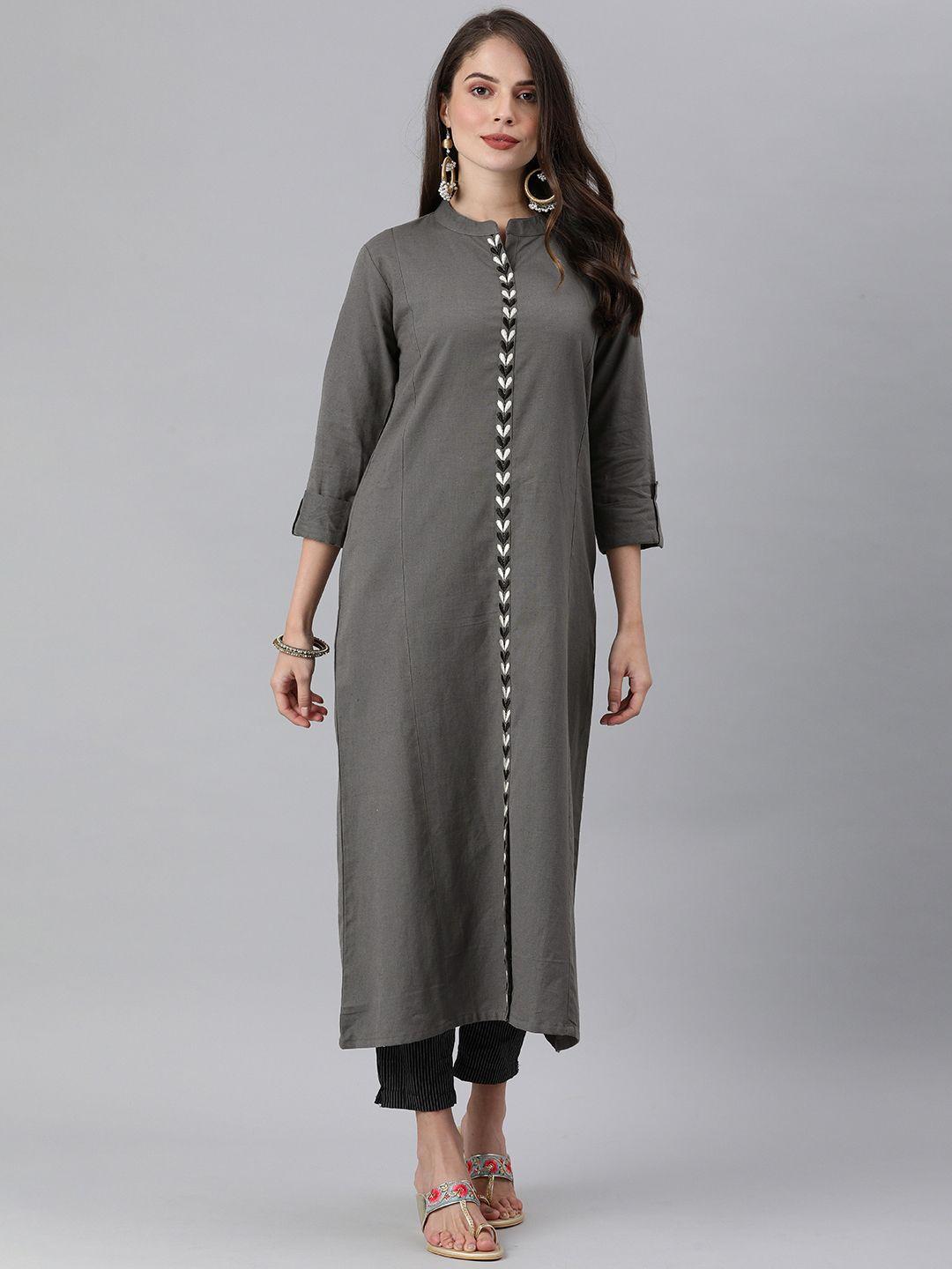 ksut women grey solid mandarin collar thread work straight kurta