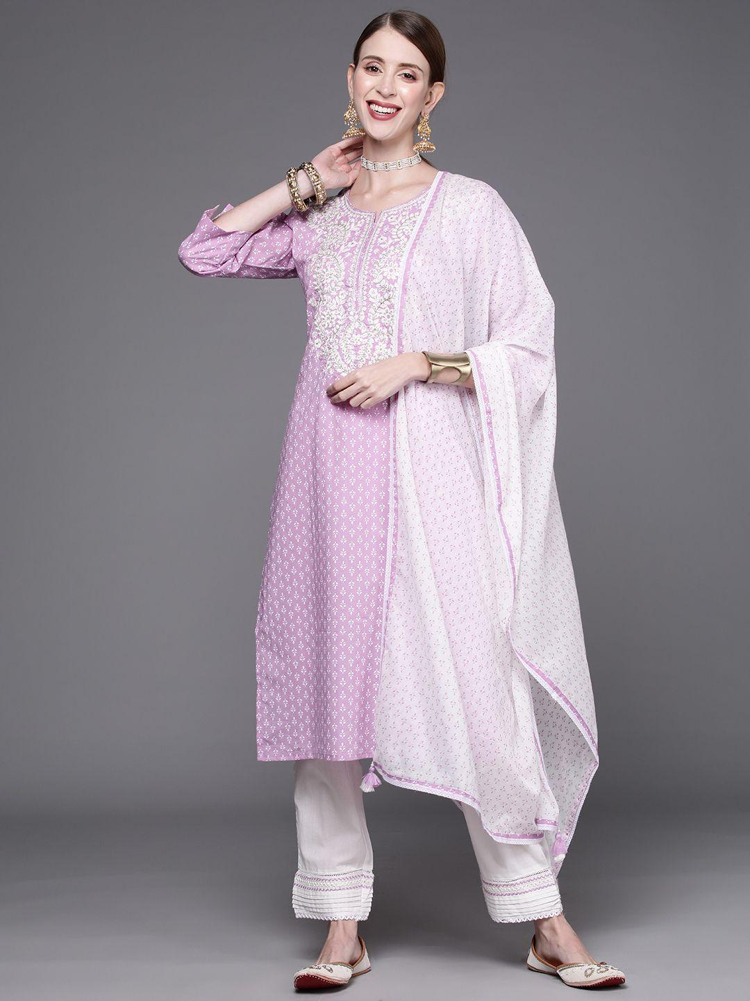 ksut women lavender & white printed thread work pure cotton kurta with trousers & dupatta