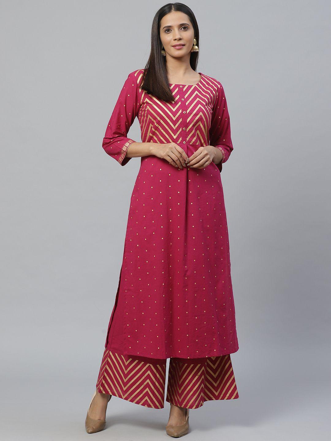 ksut women magenta & golden printed kurta with palazzos