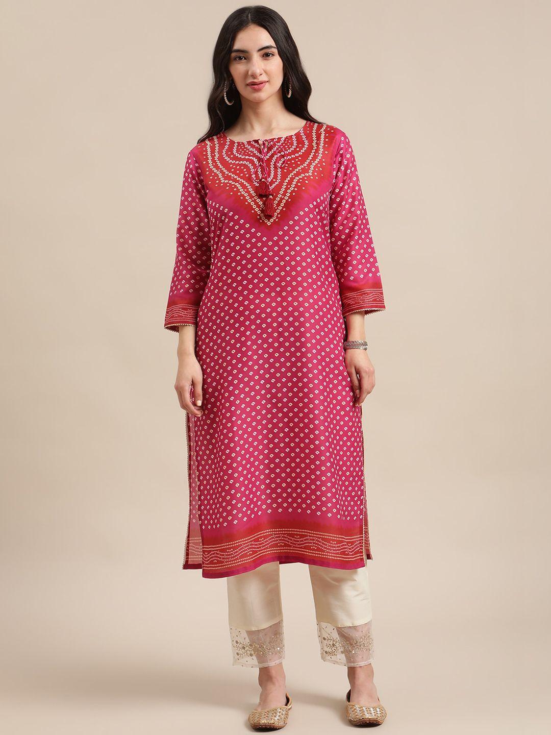 ksut women magenta bandhani printed silk kurta