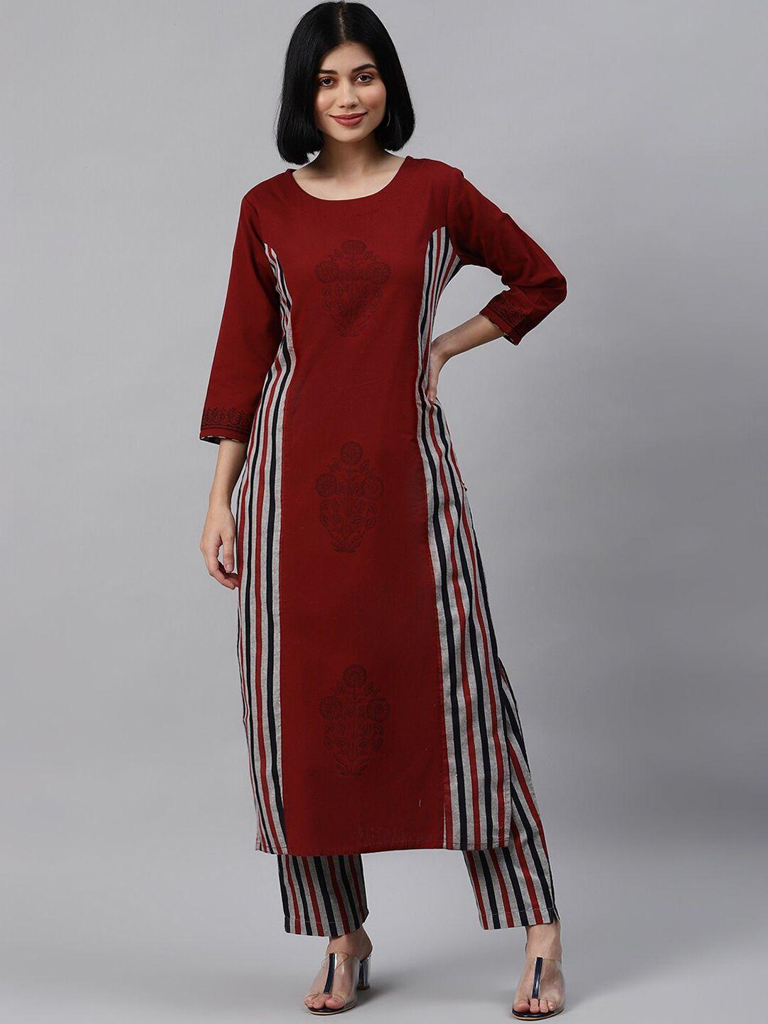 ksut women maroon & grey striped kurta with trousers