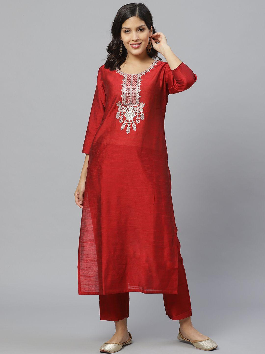 ksut women maroon & silver zari embroidered yoke design kurta with trousers