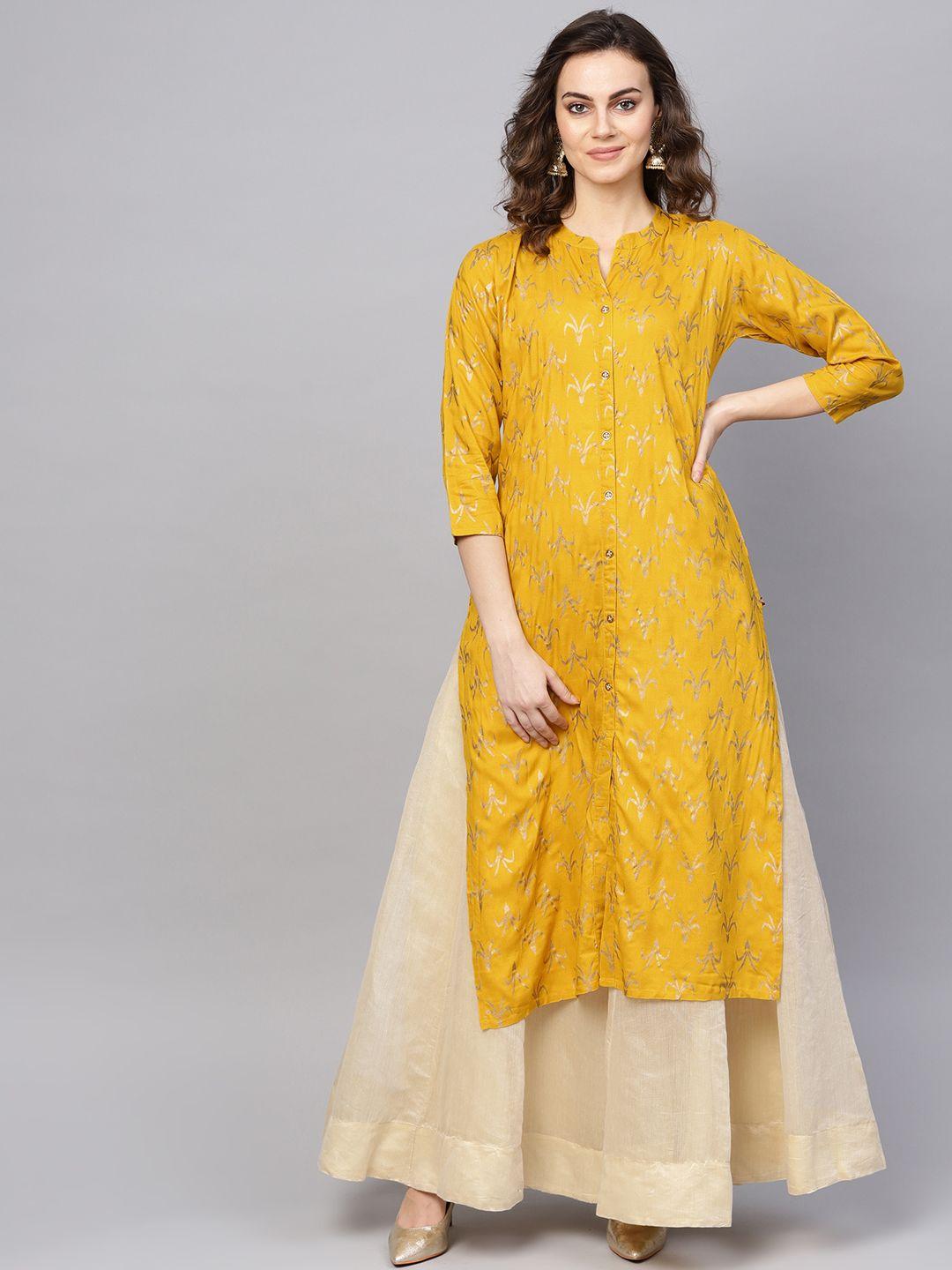 ksut women mustard yellow & golden foil print straight kurta