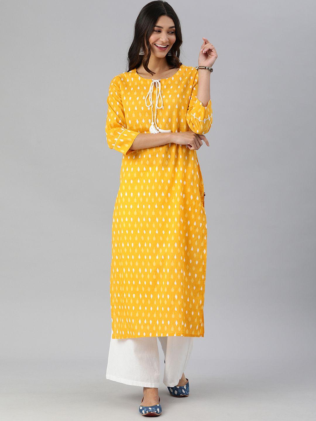 ksut women mustard yellow & white abstract screen print pure cotton keyhole neck kurta