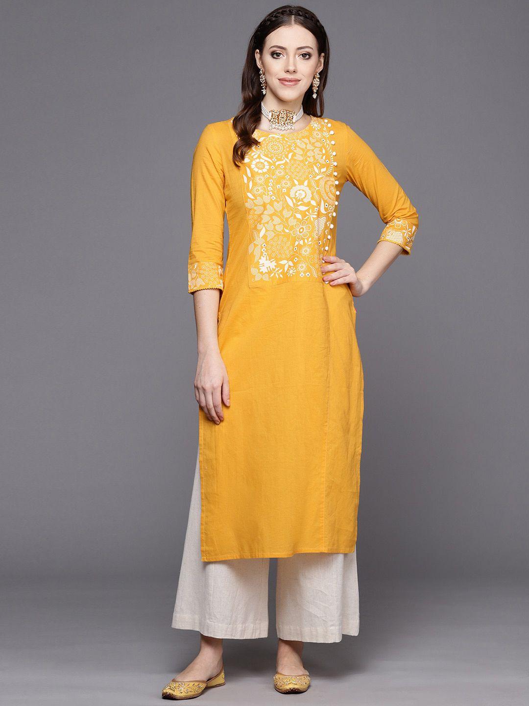 ksut women mustard yellow geometric thread work cotton kurta