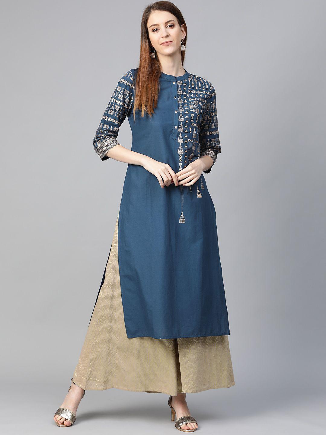 ksut women navy blue & golden printed straight kurta