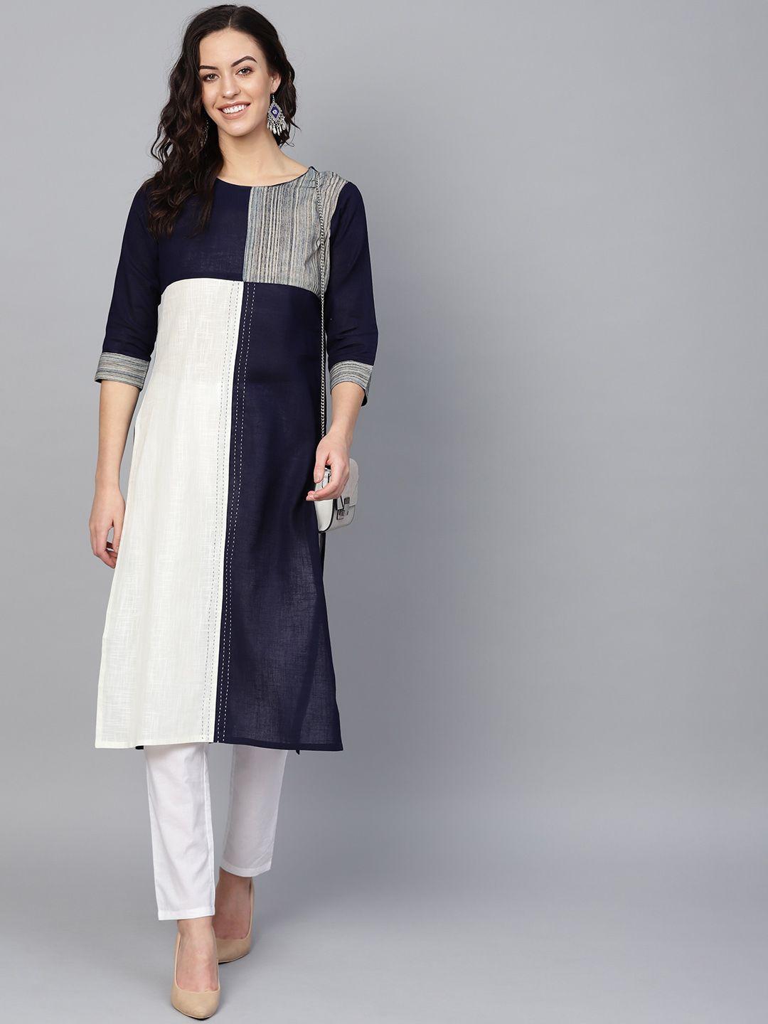 ksut women navy blue & off-white colourblocked straight kurta