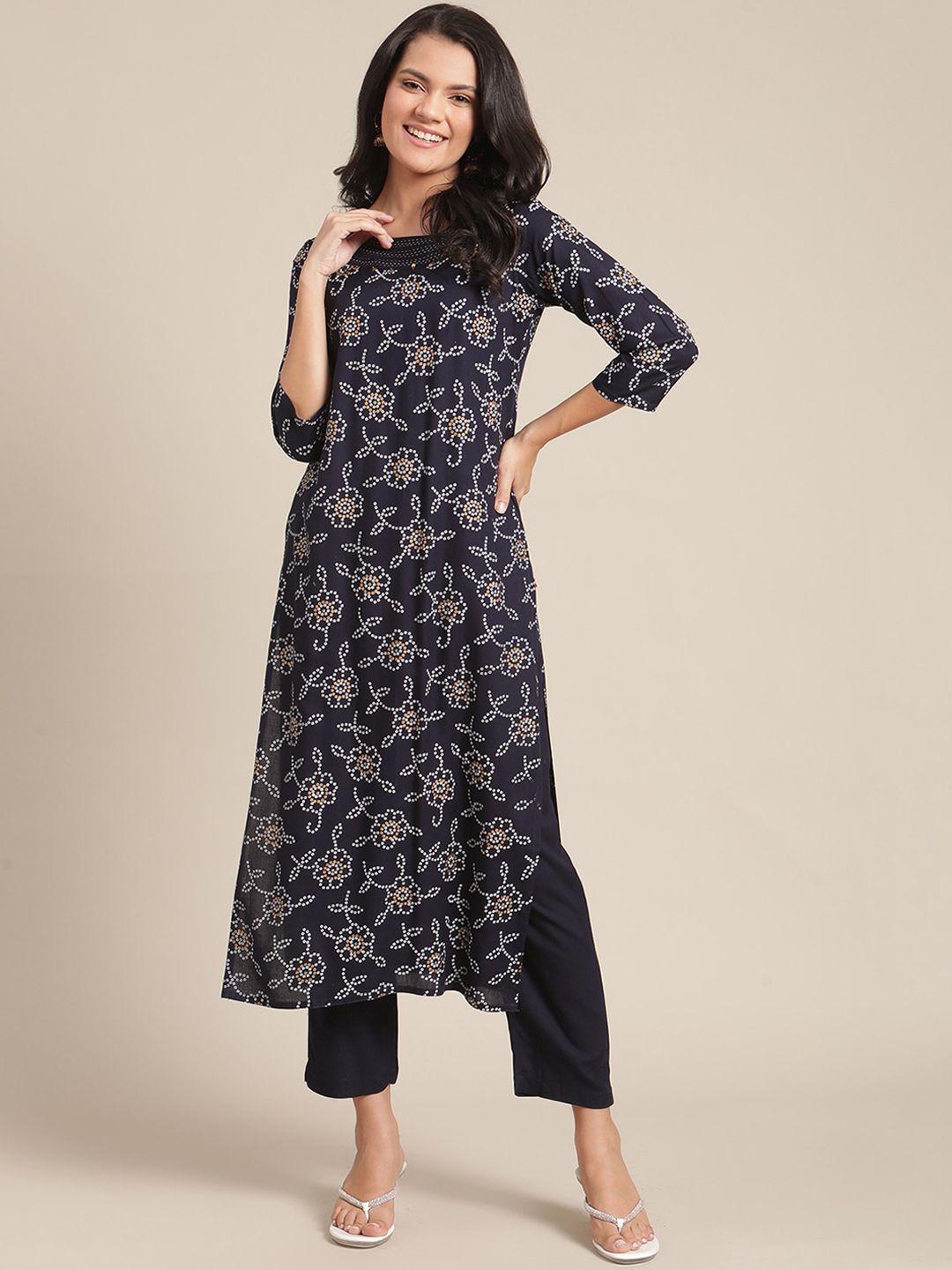 ksut women navy blue floral printed panelled kurti with trousers