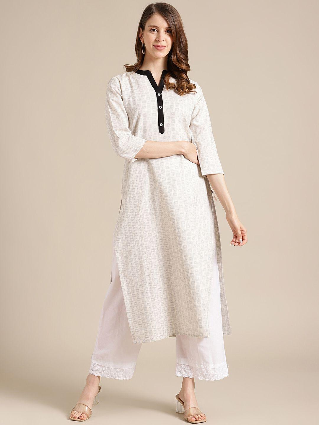 ksut women off white & black geometric printed kurta