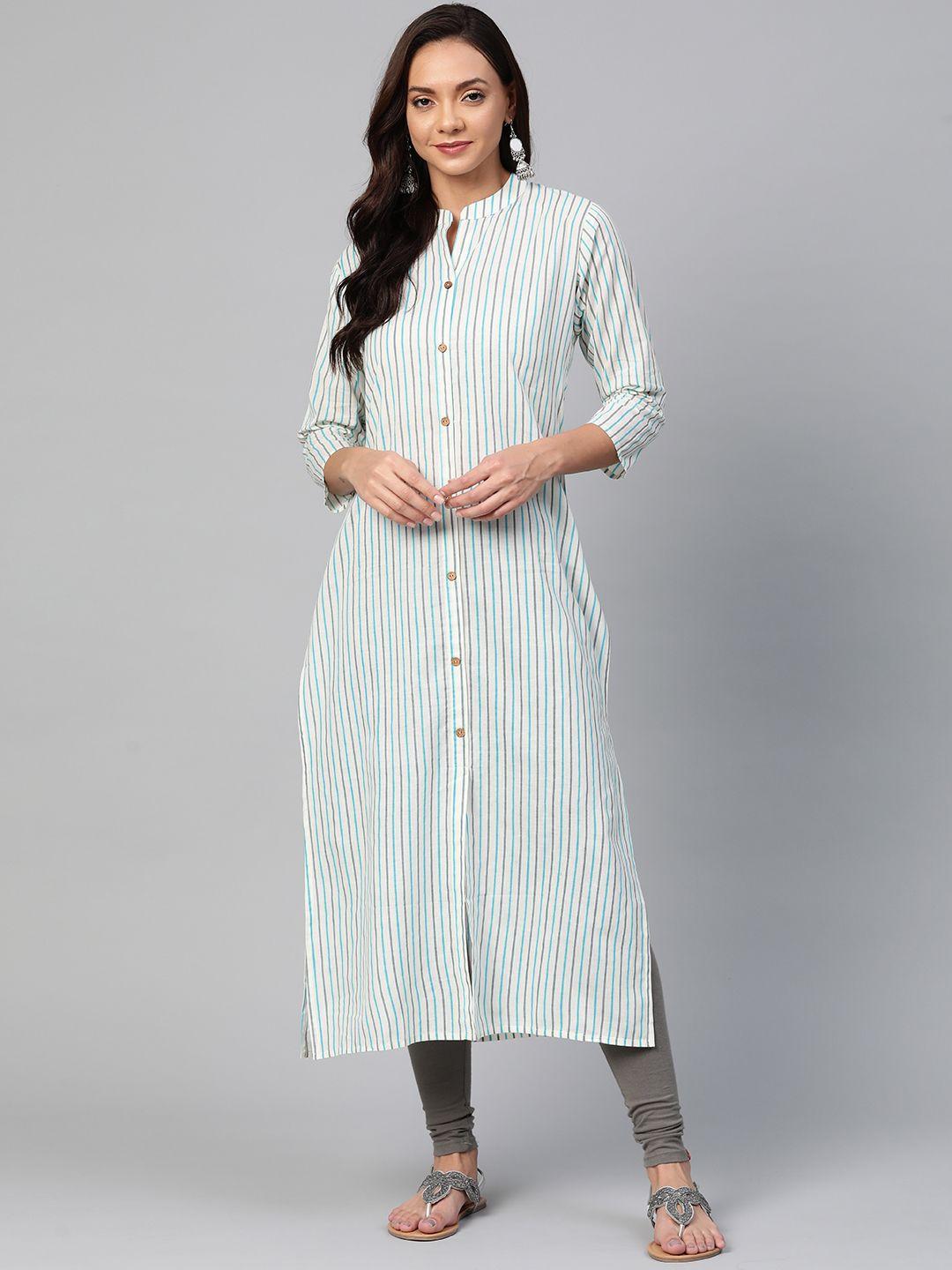 ksut women off-white & blue striped straight kurta