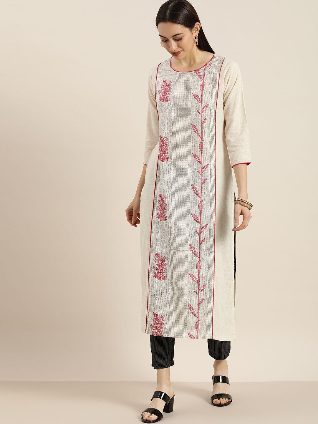 ksut women off-white & pink printed kurta with trousers