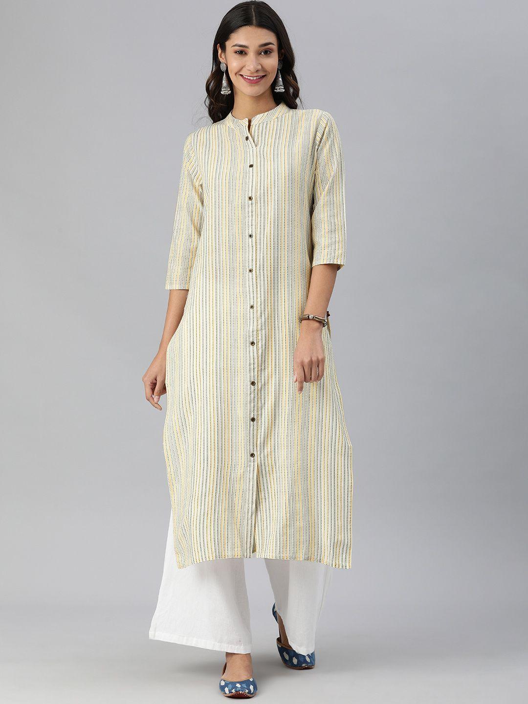 ksut women off-white & yellow striped mandarin collar straight kurta