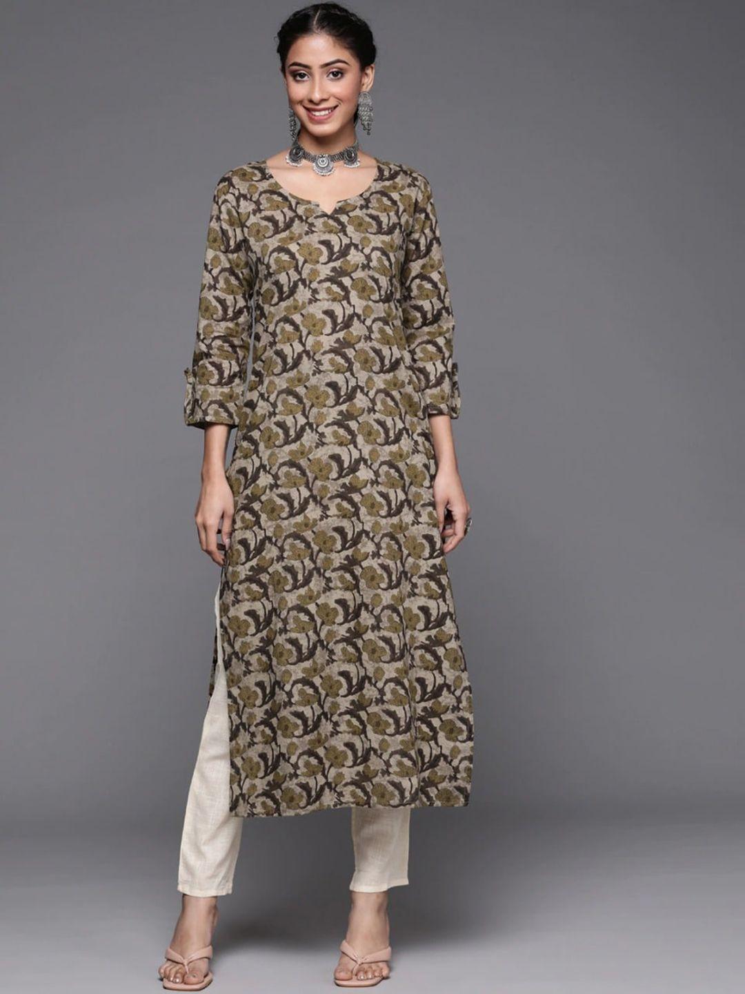 ksut women olive green floral printed cotton kurta