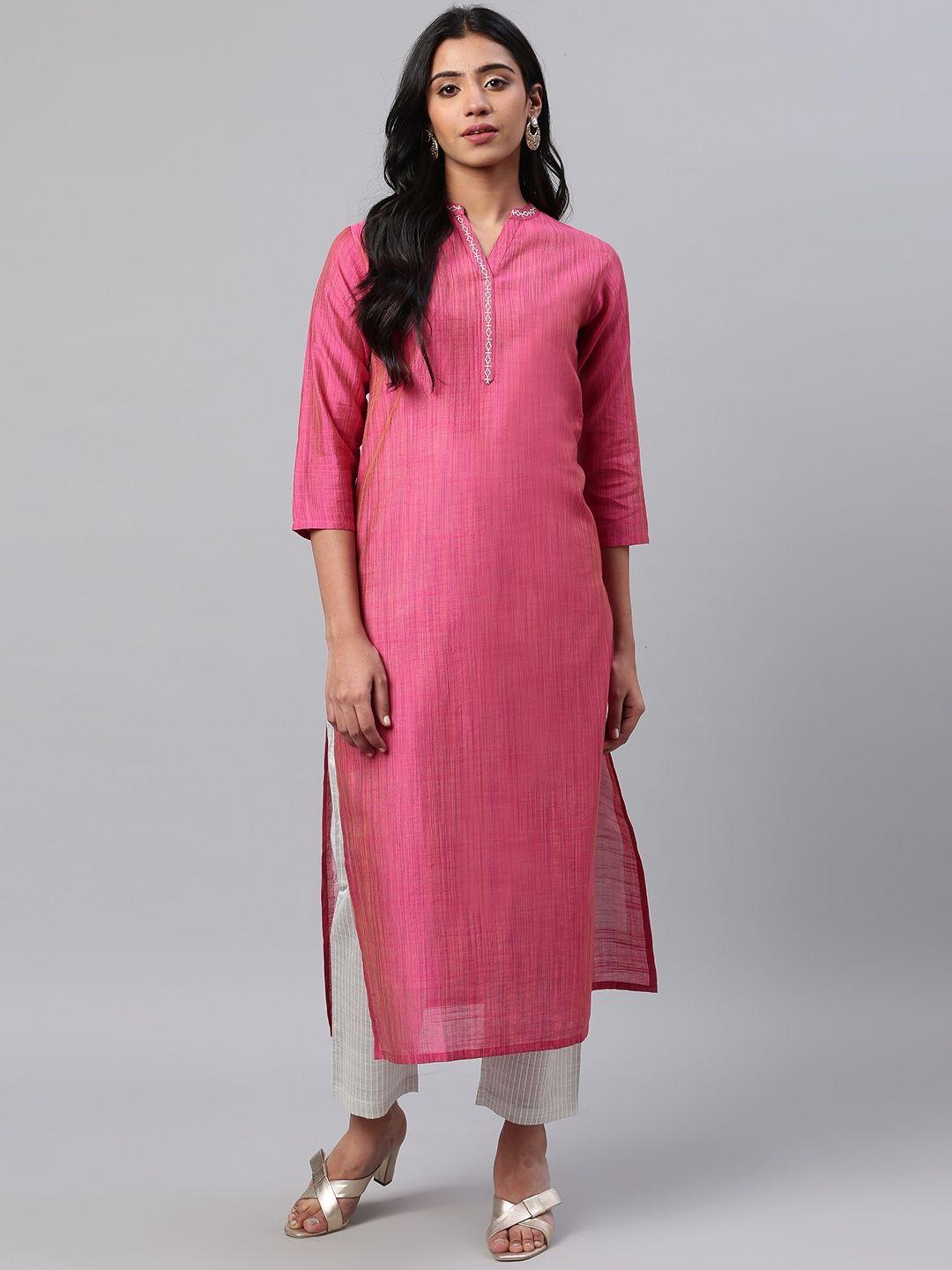 ksut women pink & grey woven design kurta with trousers