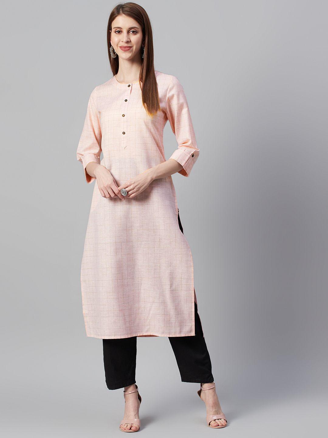 ksut women pink & mustard checked straight kurta