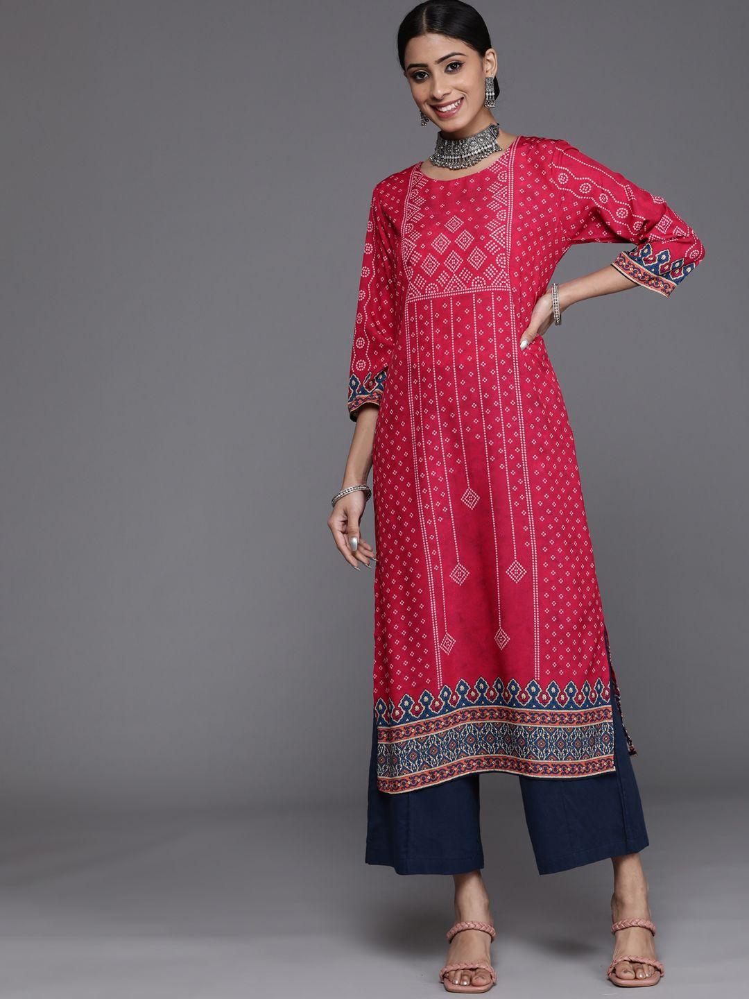 ksut women pink & white bandhani printed kurta