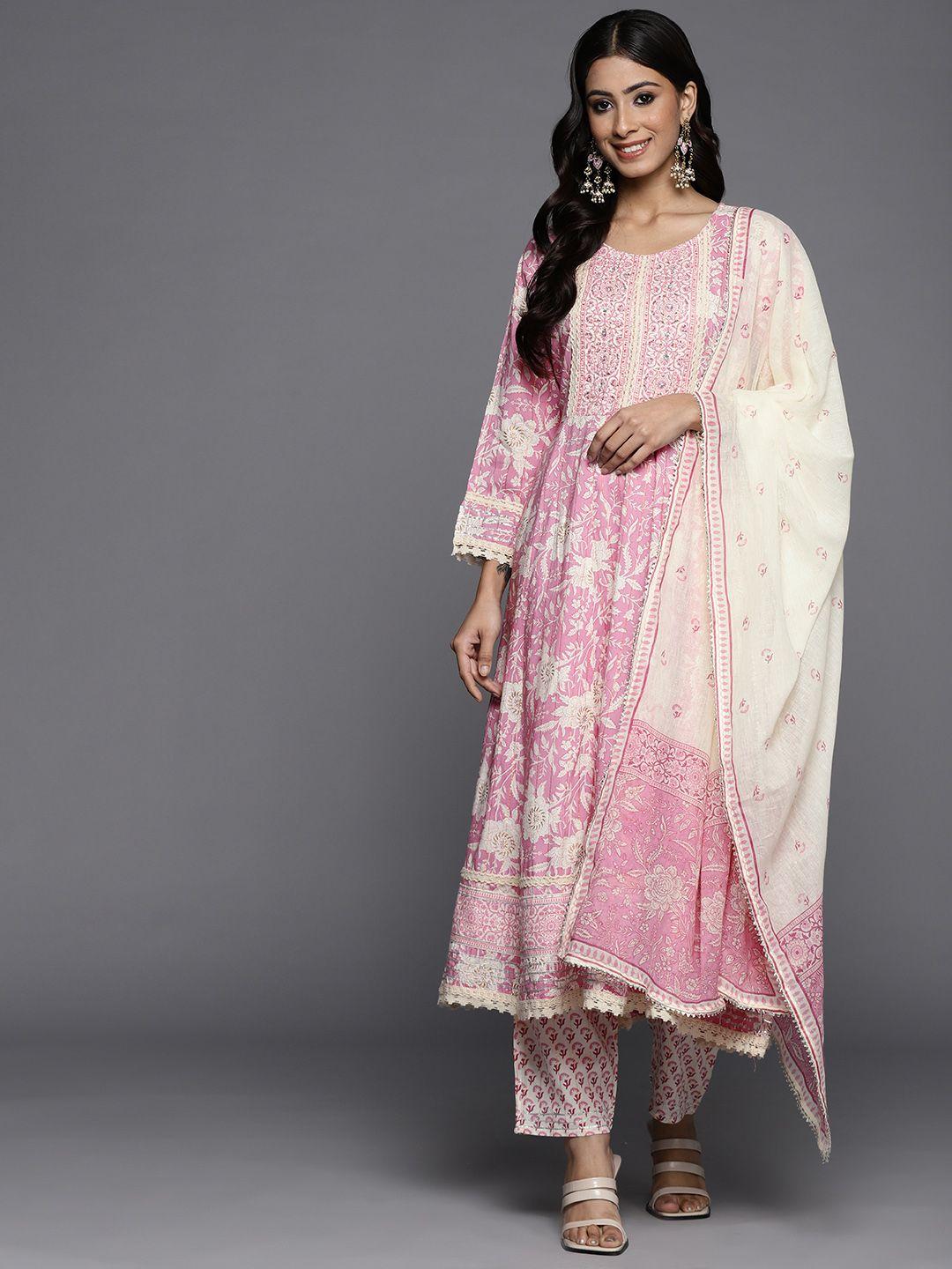 ksut women pink ethnic motifs printed panelled beads and stones pure cotton kurta with trousers & with