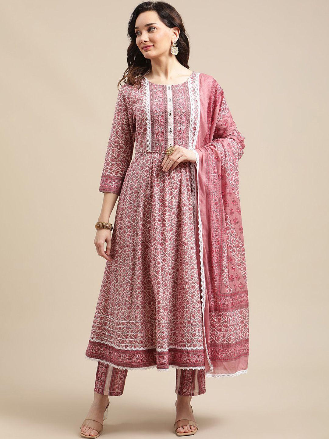 ksut women pink printed pure cotton kurta with trousers & with dupatta