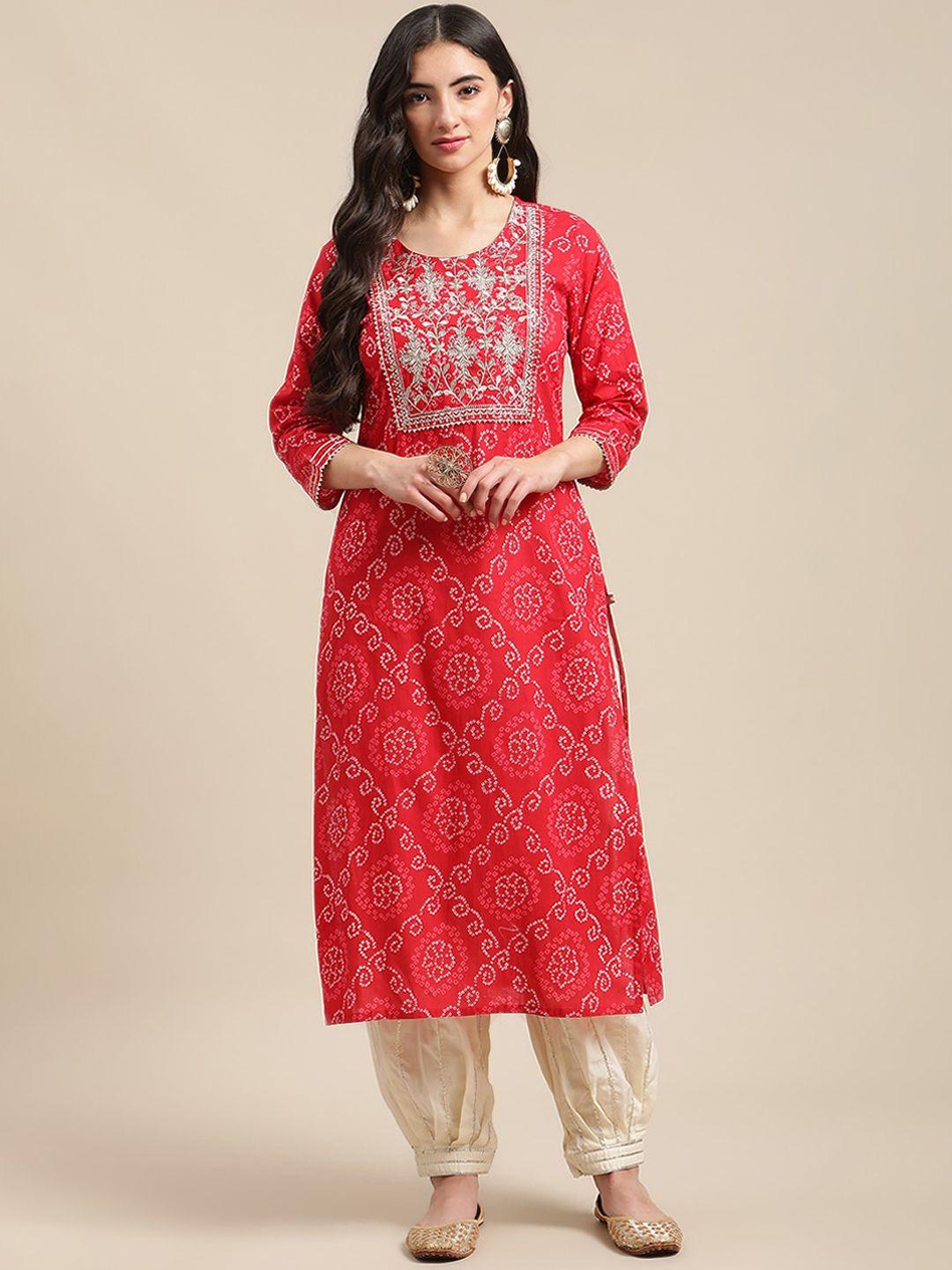 ksut women red & off white ethnic motifs embroidered pure cotton kurta with salwar