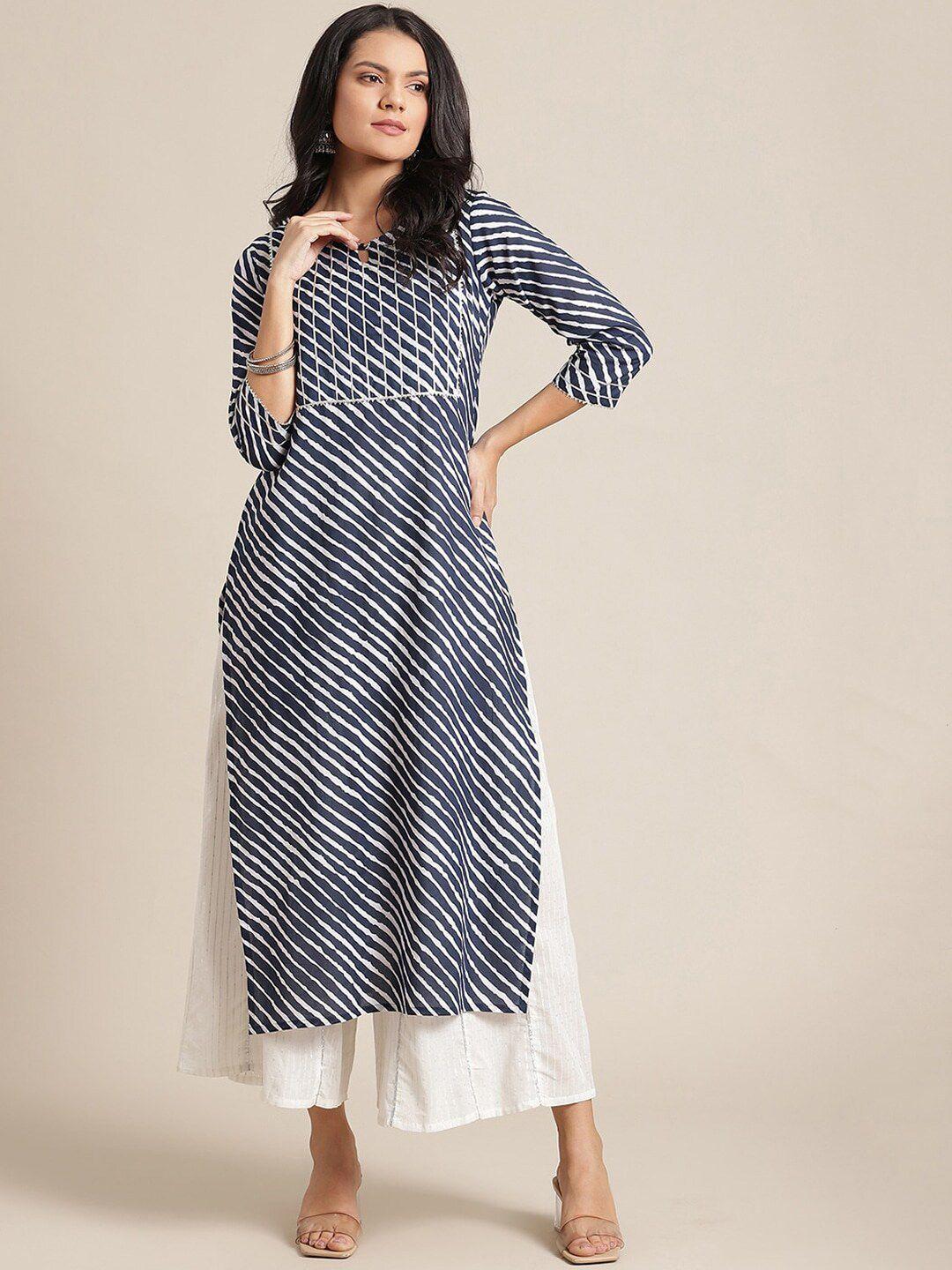 ksut women striped keyhole neck mirror work pure cotton kurta