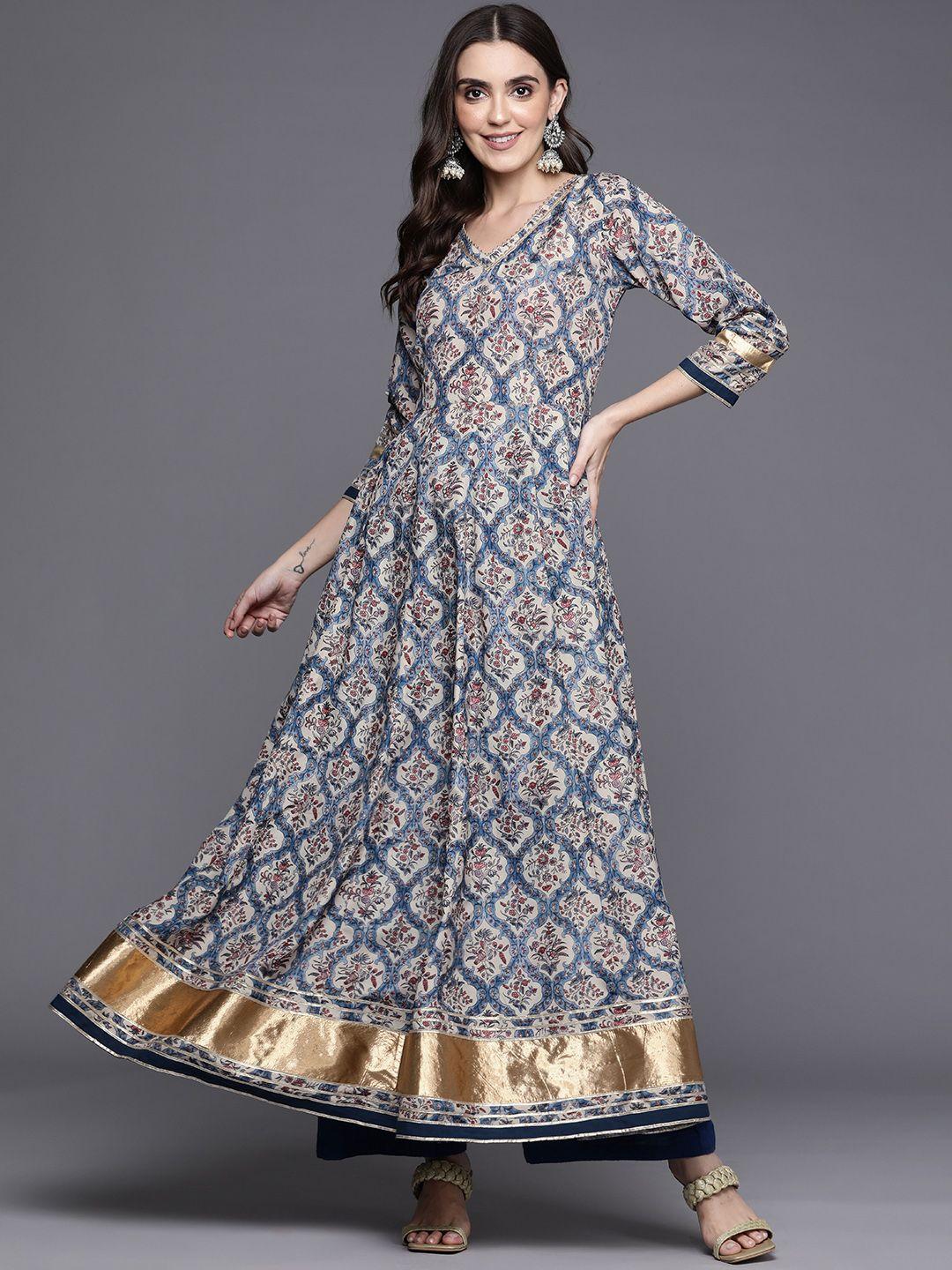 ksut women women blue & taupe ethnic motifs printed anarkali kurta