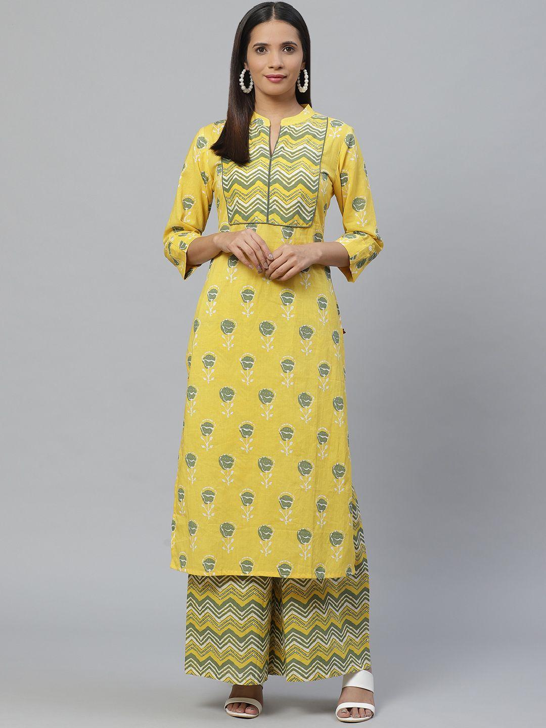 ksut women yellow & green printed kurta with palazzos