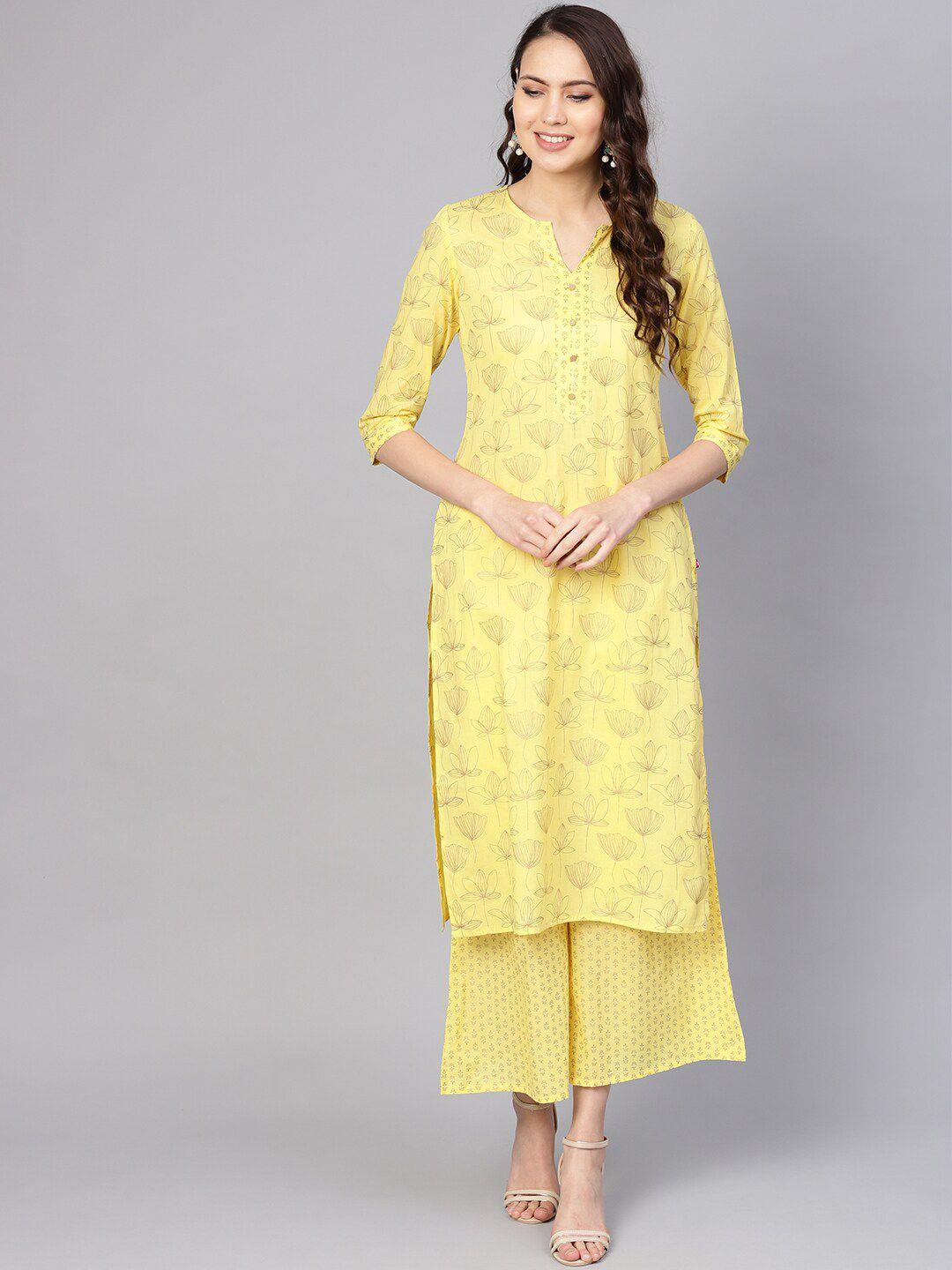 ksut women yellow printed kurta with palazzos