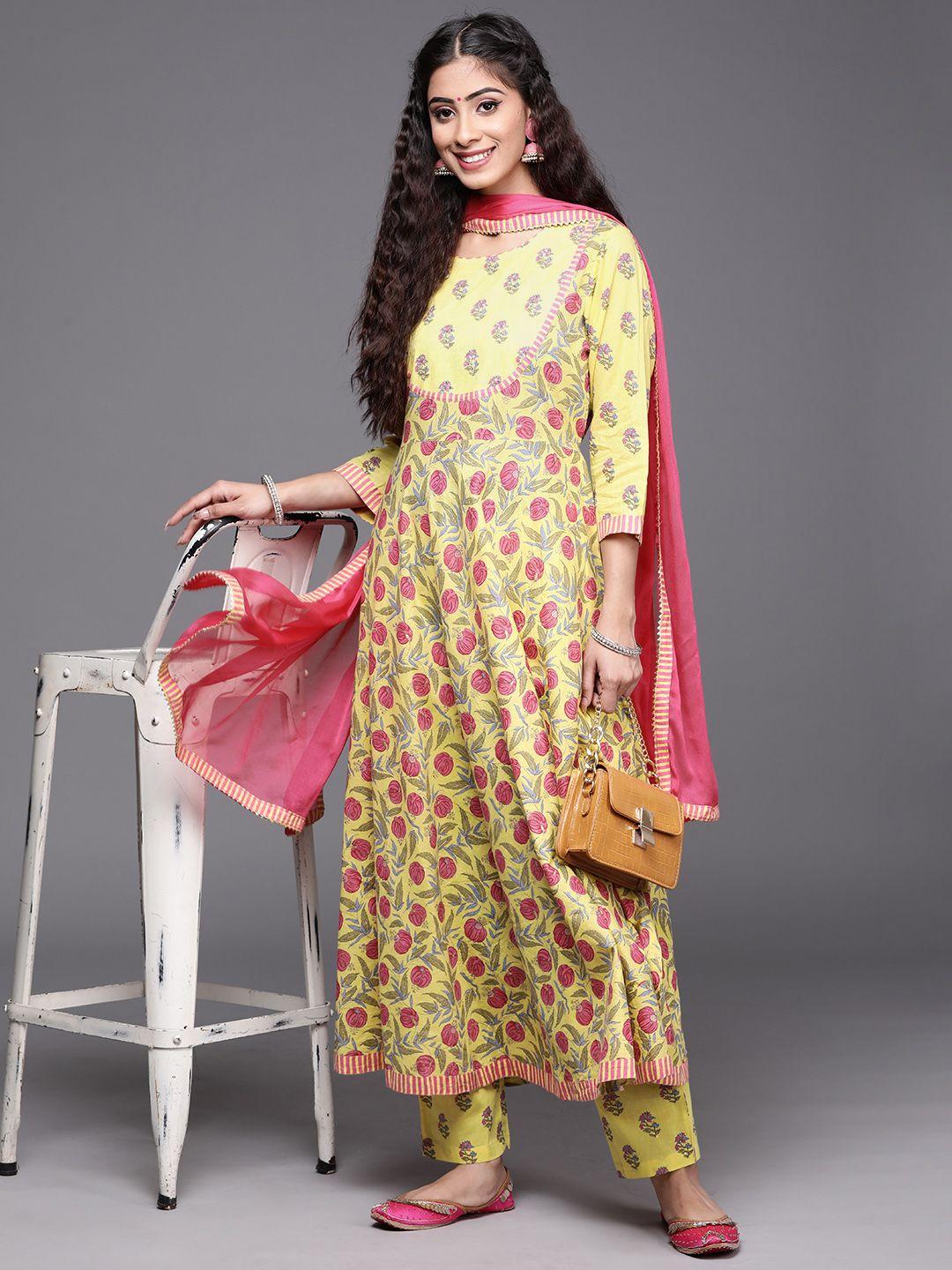 ksut women yellow pure cotton floral printed empire kurta with trousers & with dupatta