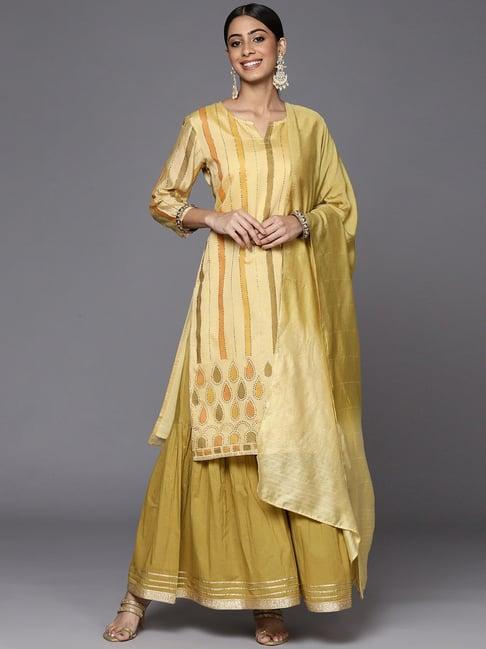 ksut yellow & green printed kurta palazzo set with dupatta